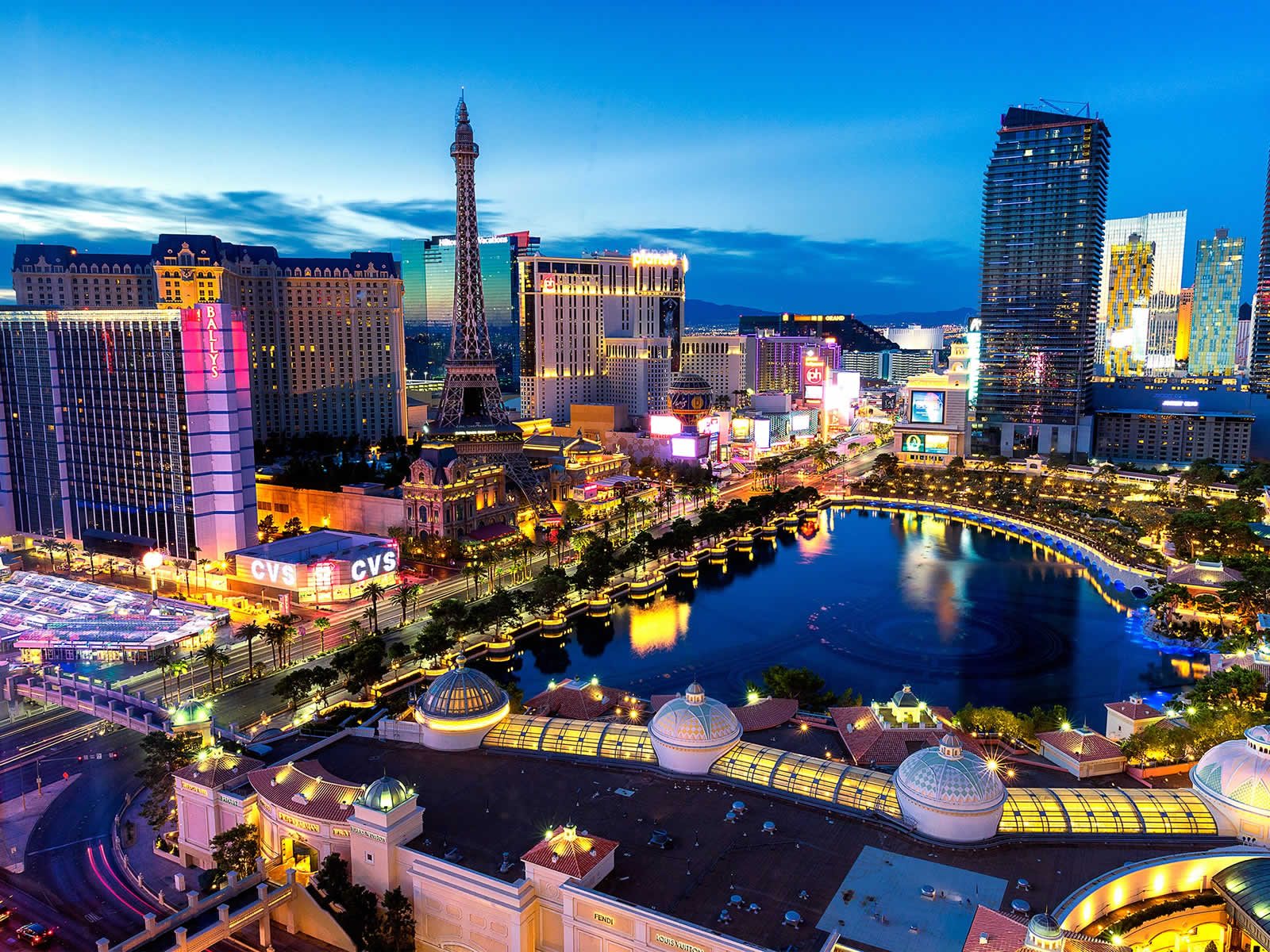Las Vegas Strip skyline at dusk with hotels and casinos
